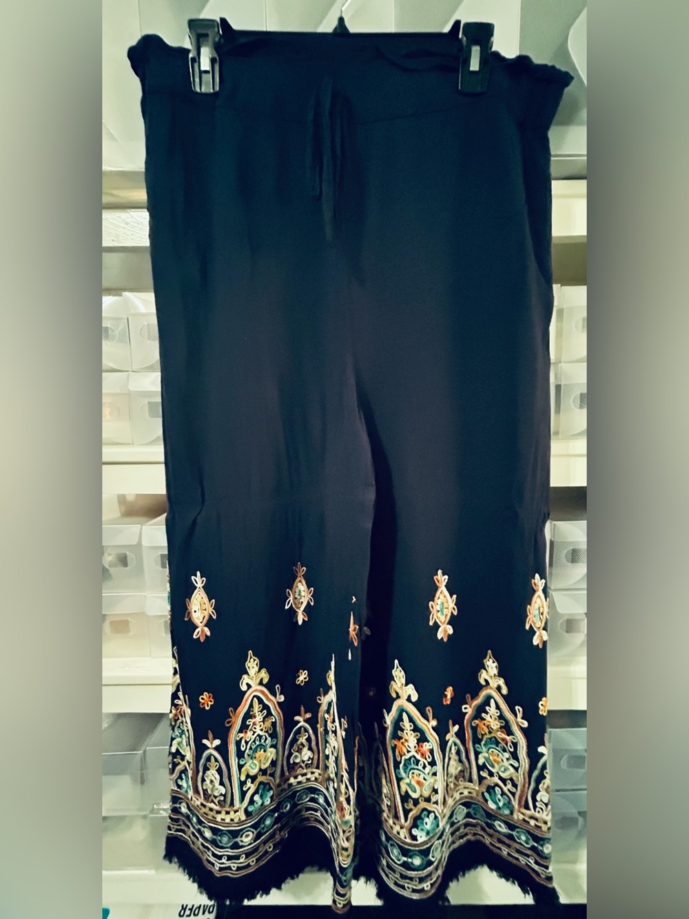Cato Navy Wide-Leg Jumpsuit with Multicolor Embroidered Hem